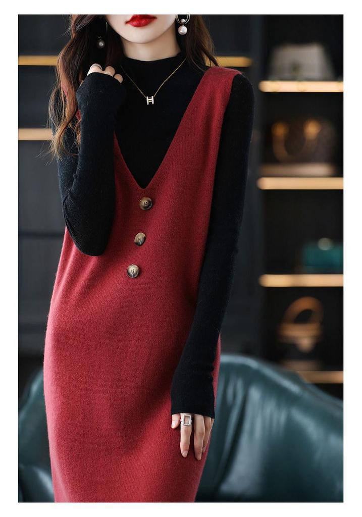 European Size Spring/Autumn Cross-Stitched Knitted Wool Vest Dress for Women