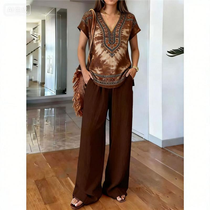 Malaysia Bohemian Print Two-piece Fashion V-neck Short-sleeved Suit Top