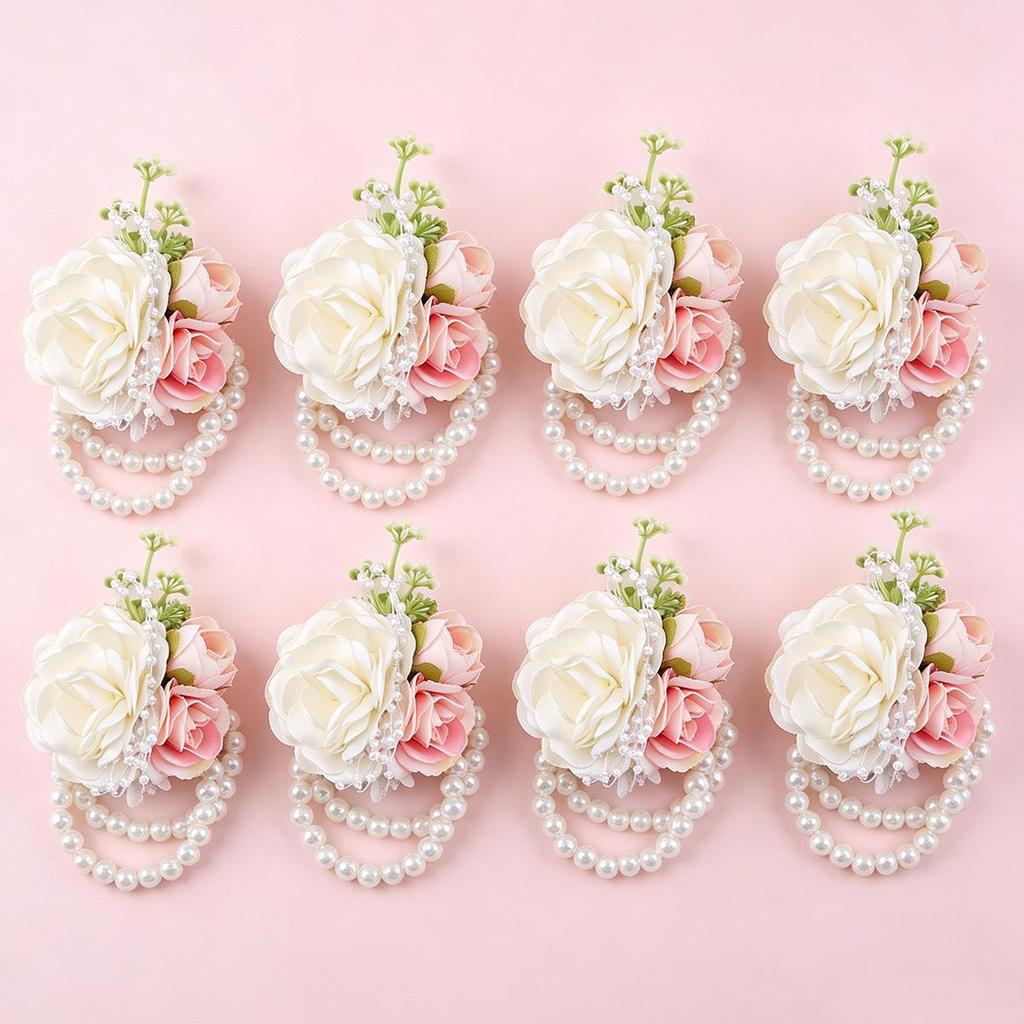 Cross-Border Milk Tea Rose Beaded Wrist Corsage Wedding Groomsman Brooch