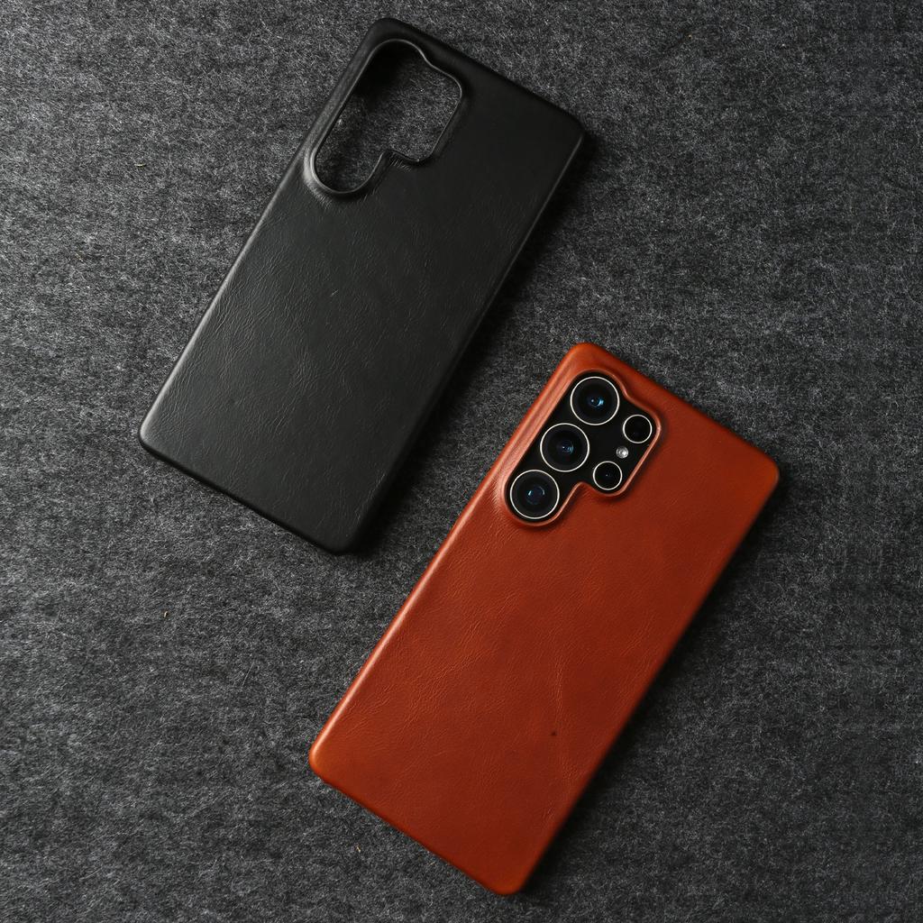 Real Cowhide Leather Phone Case For Samsung Galaxy S24 Ultra S23 Plus S22 S2+ Full Grain Edges Protective Hard Back Cover Coque