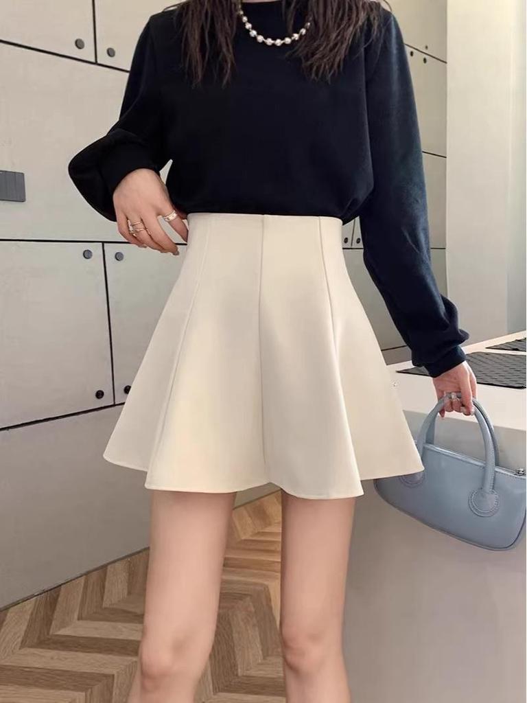 Black Pleated High Waist A-line Midi Skirt - Women's Summer Slimming Petite Flared Skirt with Hip-Hiding Design