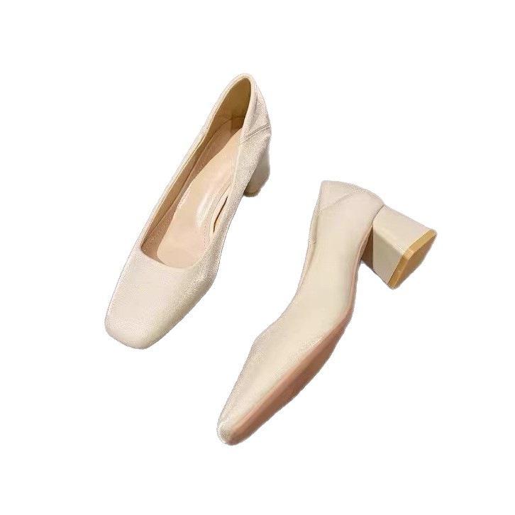 French satin apricot professional high heels spring new square head light mouth thick heel single shoes