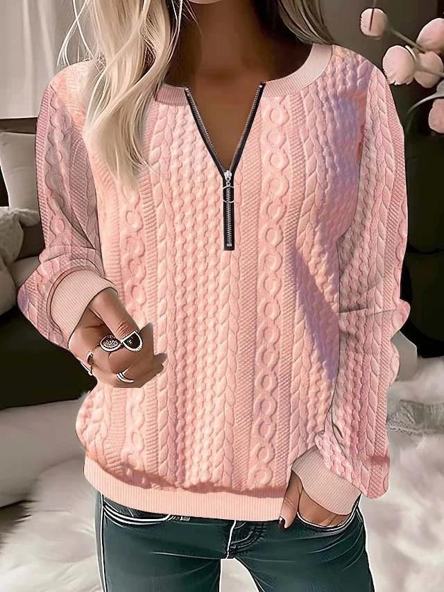 Women's Round Neck Blouse Quarter Zip Textured Knit Long Sleeve Pullover Sweatshrit