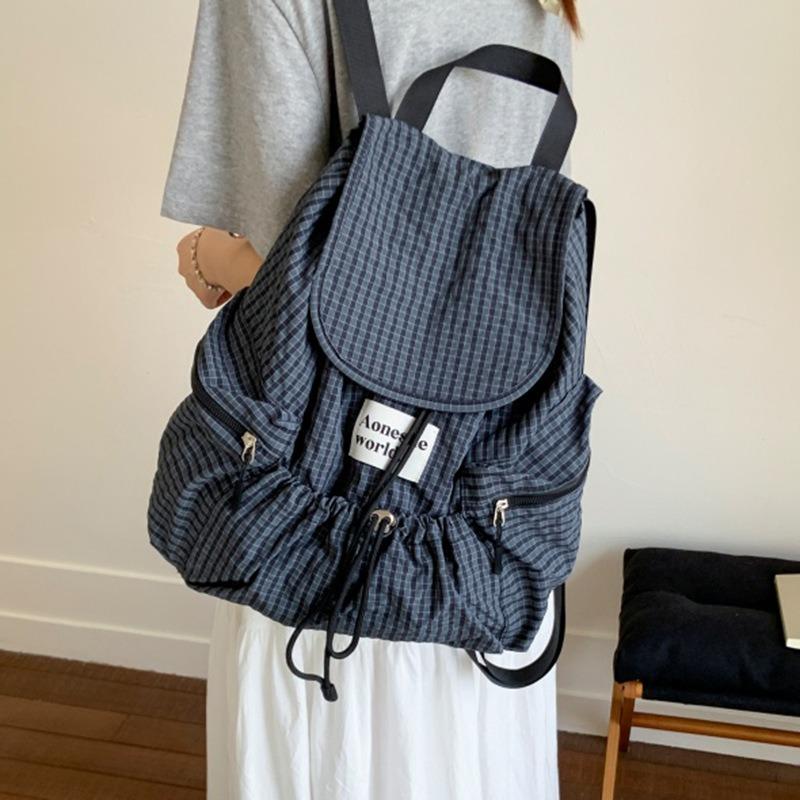 Lightweight Nylon Plaid Backpack, New Large-capacity Lazy Style Versatile Drawstring Tote Bag