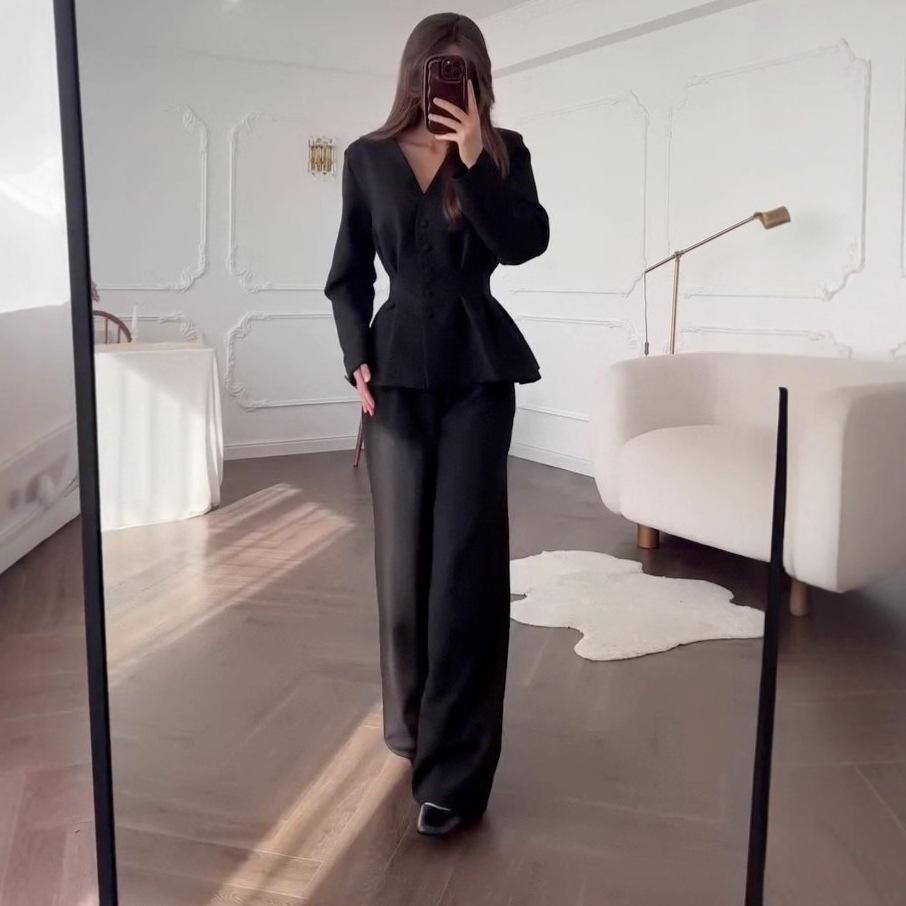 2025 Autumn Women's European & American V-Neck Slim White-Collar Pant Suit with Waist-Cinching Long Coat