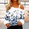 Women's Off-the-shoulder Plush Neck Printed Long-sleeved Pullover T-shirt Top