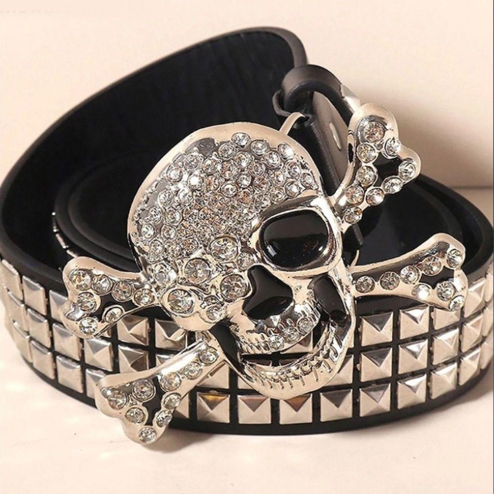 Rhinestone Black Rivet Belt Adjustable Skeleton Belt Vintage Skull Wide Waistband  Couple
