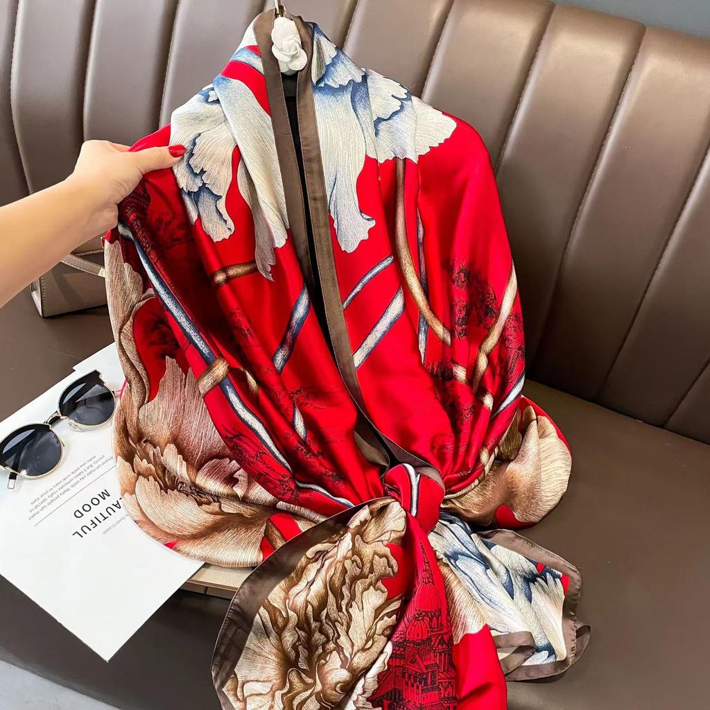 Women S Elegant Peony Printed Silk Like Scarf Fashionable Shawl