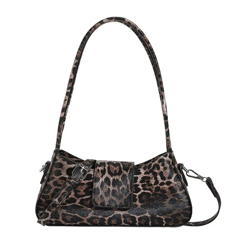 Fransk Stil Underarmsveske for Kvinner Brun Svart Leopard Håndveske Clutchveske Dame Vintage PU Lær Crossbody Vesker Allsidig
