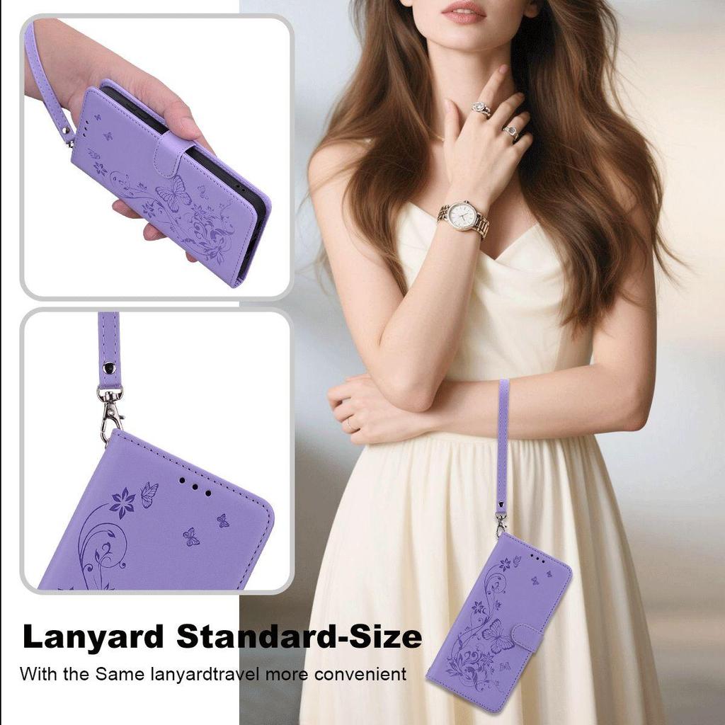 Elegant Butterfly Floral Flip Leather Phone Case for OPPO Reno15 5G Long Shoulder Strap Wrist Lanyard Cover