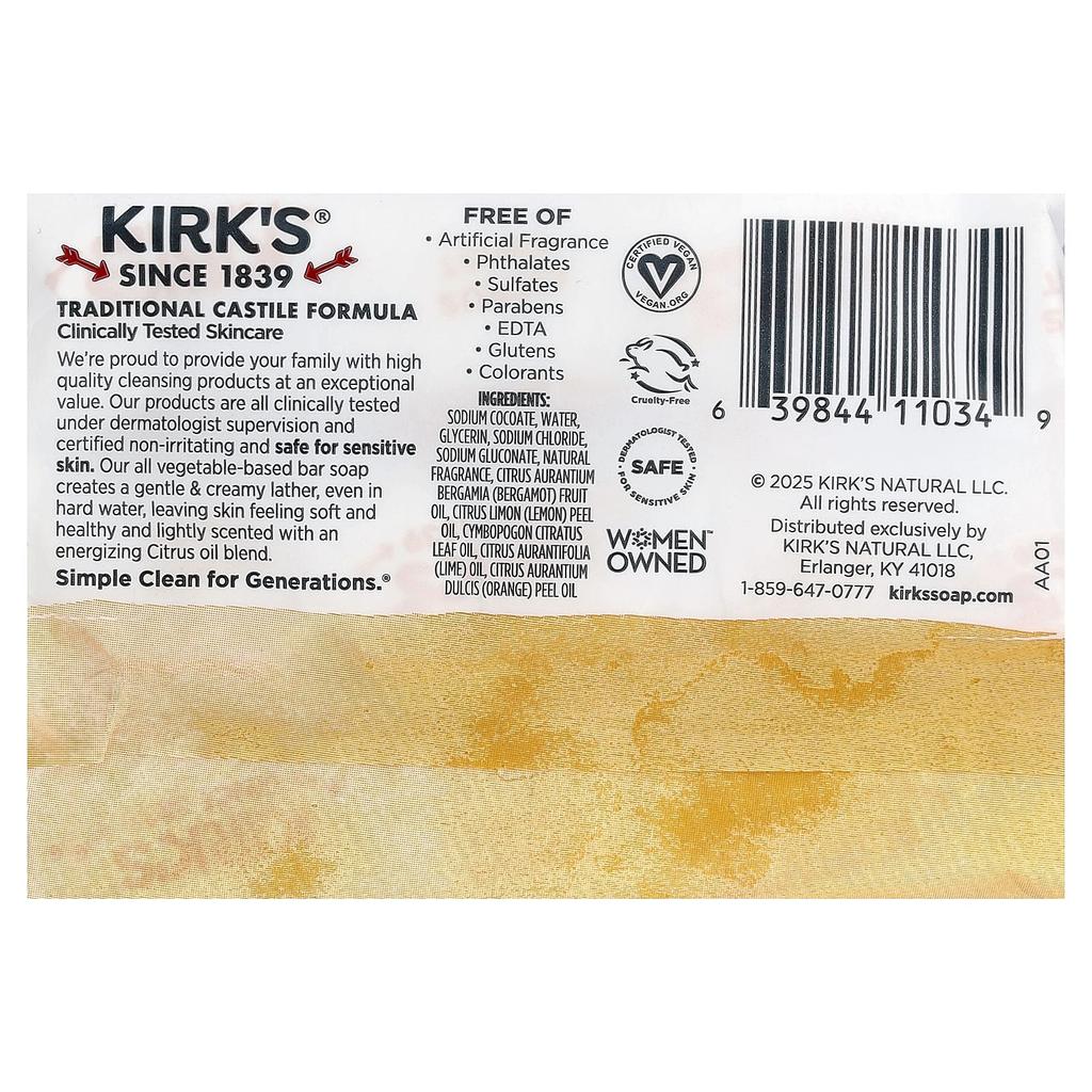 Kirk's 100% Premium Coconut Oil Castile Bar Soap, Citrus Twist, 3 Bars, 113G (4Oz) Each