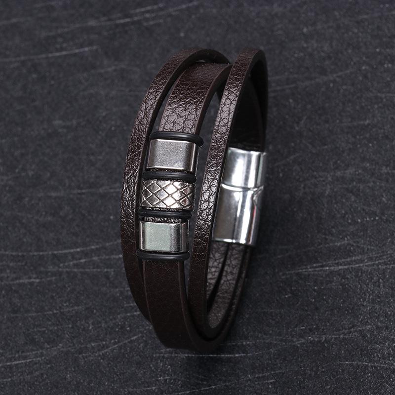 Trendy Multi-Layer Woven Leather Rope Bracelet with Stainless Steel