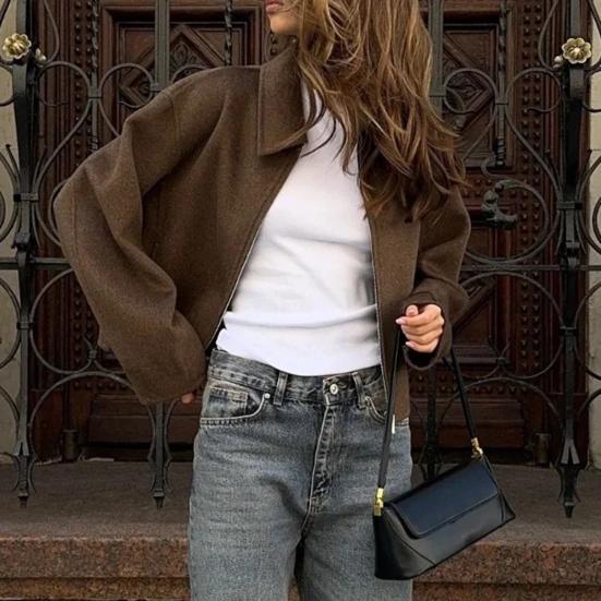 Damjacka i ull med dragkedja, lång ärm, slag, kort erdbönskappa, ledig höst/vår ytterkläder med fickor