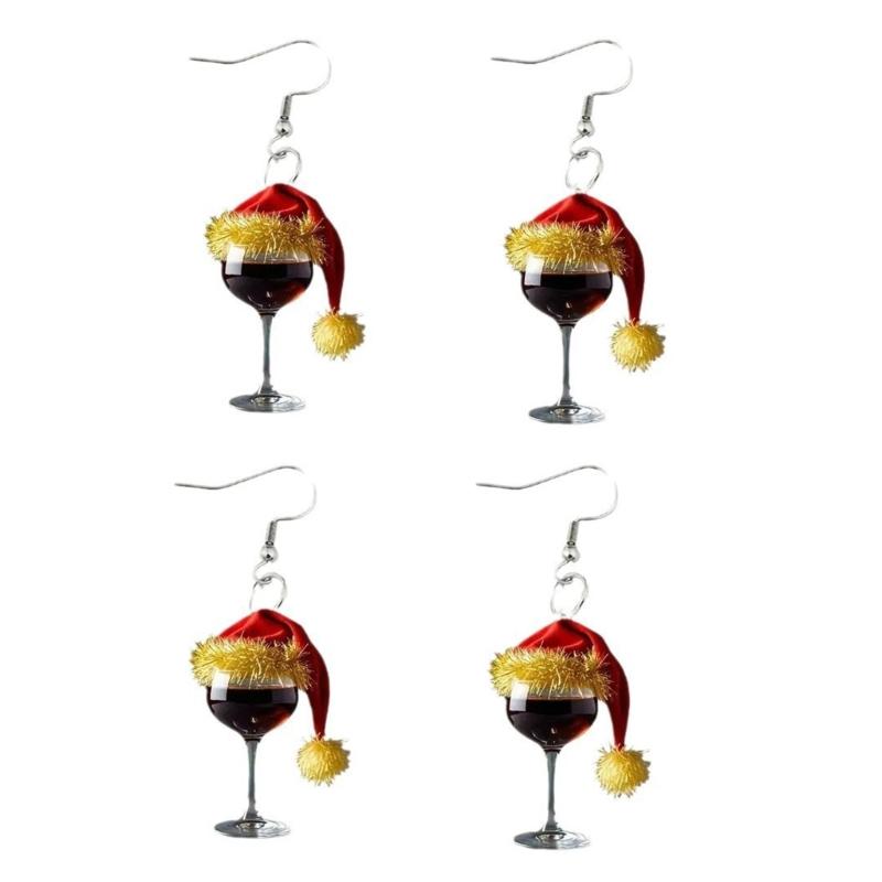 

2Pairs Christmas Hat Wine Glass Earrings Creative Designs Festive Theme Ear Hooks Lightweight Comfortable for Long Wear 1