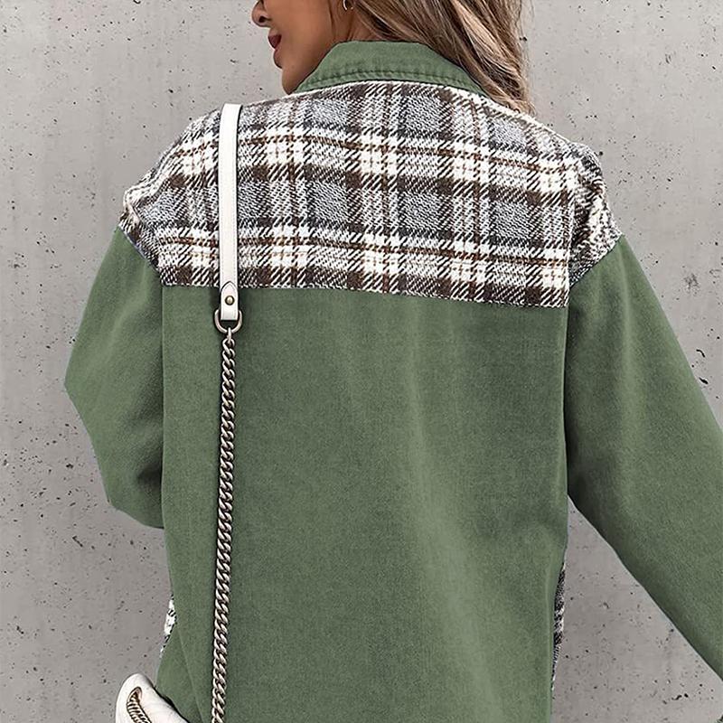 Denim Jacket Checkered Button Up Shirt Jacket Women's Patchwork Jacket Warm Comfortable Commuter Long Sleeved Shirt Autumn Winter