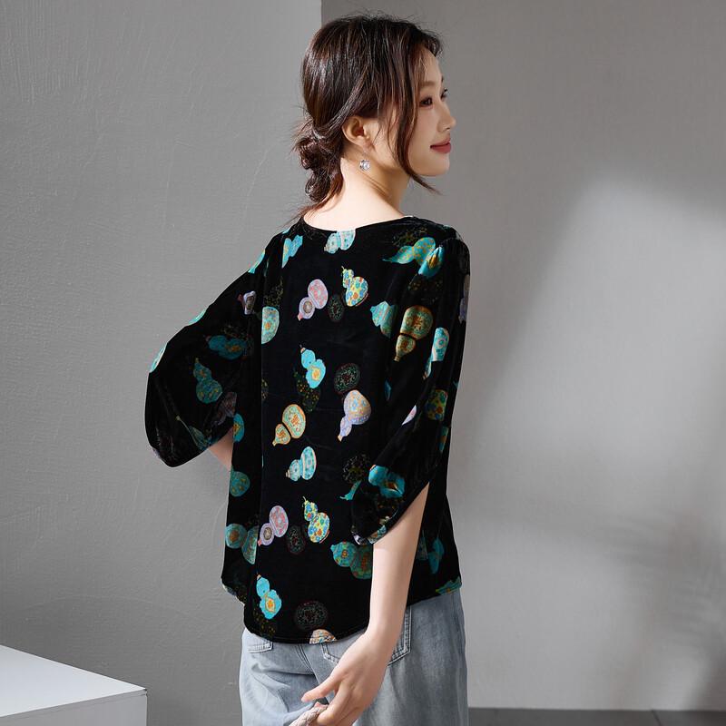 SOFSIL Women's Gourd Print Velvet Silk Shirt