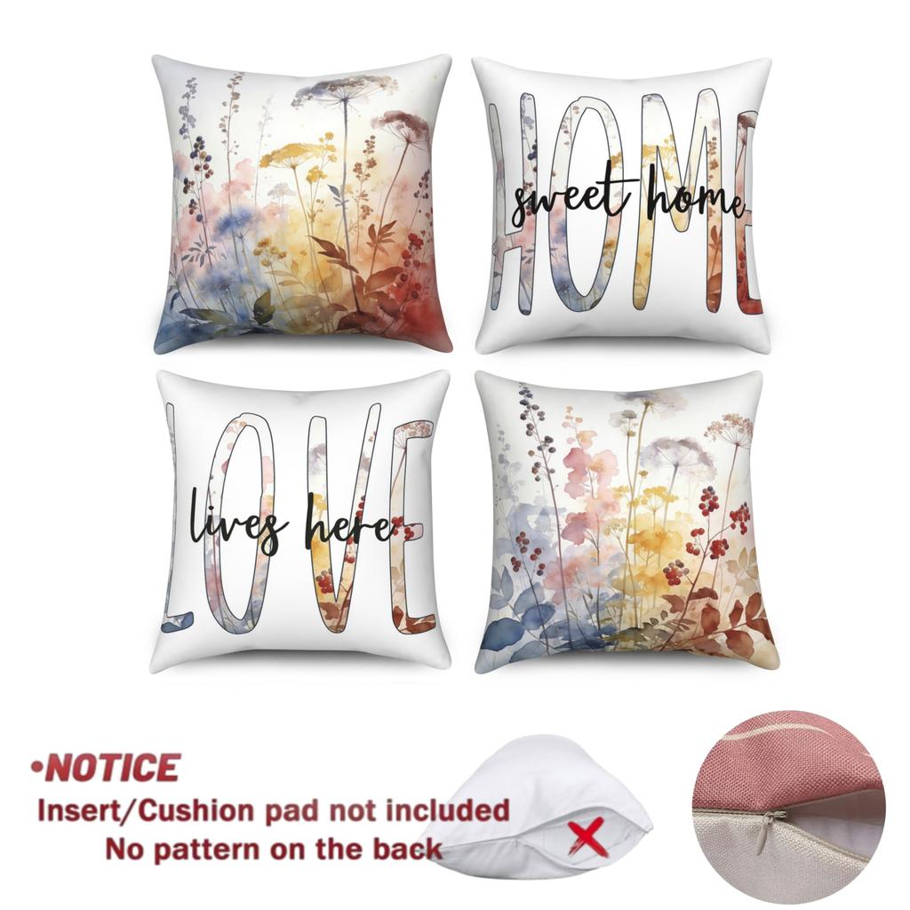 4Pcs/Set Watercolor Wildflower Throw Pillow Covers, Sweet Home Love Lives Here Cushion Cases, Polyester/Linen, Boho Home Decor