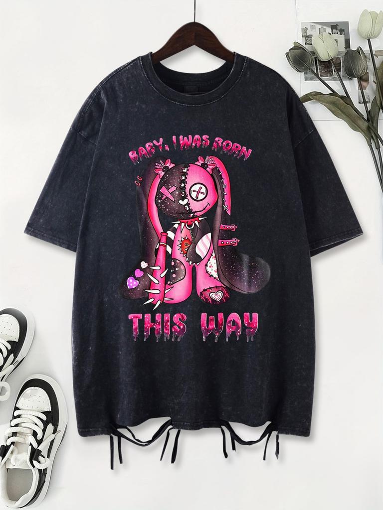 Cute Pink Puppet Rabbit Prints Washed TShirt Womens Cotton T Shirts ONeck Oversized Acid Wash Tops Summer Casual Woman Clothes