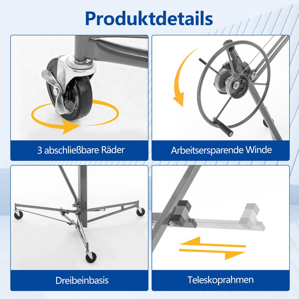 Drywall Lifter for Wall Panels and Ceiling Mounting: Load Capacity 68 kg, Height 140-335 cm Adjustable, Foldable, 3 Brake Wheels