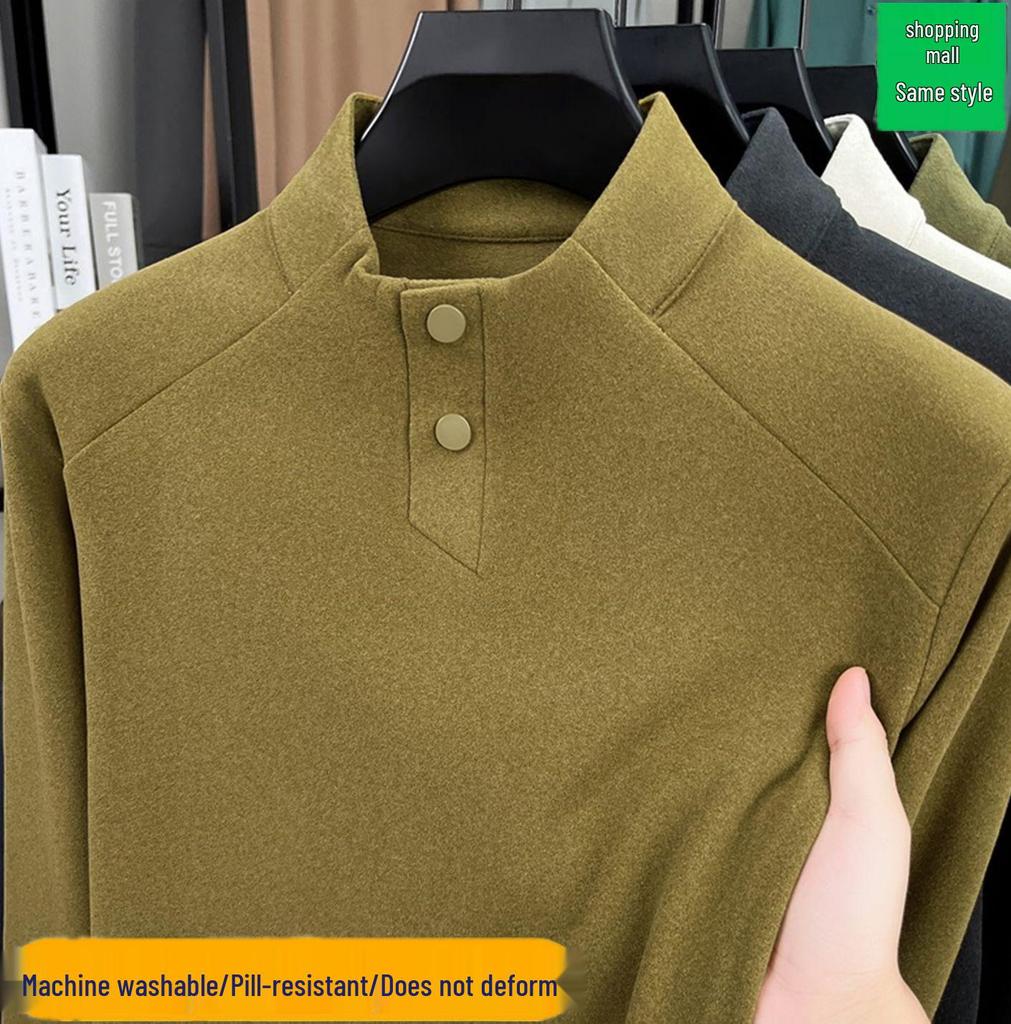 Men's Plus Size Trendy Autumn/Winter Long Sleeve Semi-High Neck Velvet T-Shirt - New 2025 Style for Middle-Aged and Young Adults