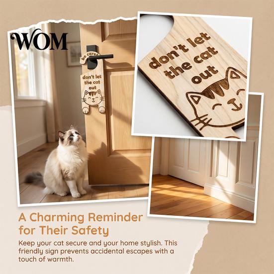 Cat Room Entrance Warning Door Handle Sign, Wooden Cartoon Hanging Reminder, Pet Sign Safety Knob Hanger, for Bedroom And Entryway Doors Decorative