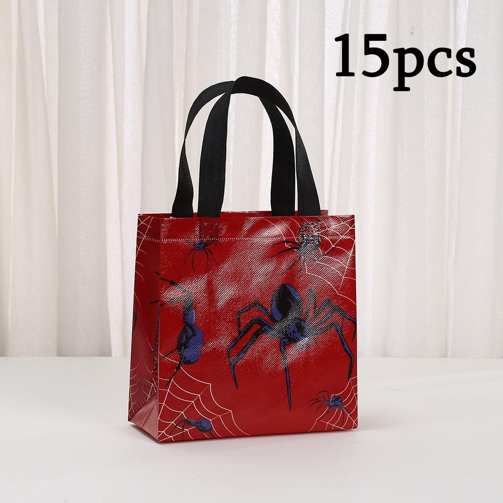 15pcs Spider Party Favor Bags Spider Web Goodie Bags Reusable Non-woven Bags Bulk with Handles for Halloween Party Supplies Spider Web Print Tote Bag