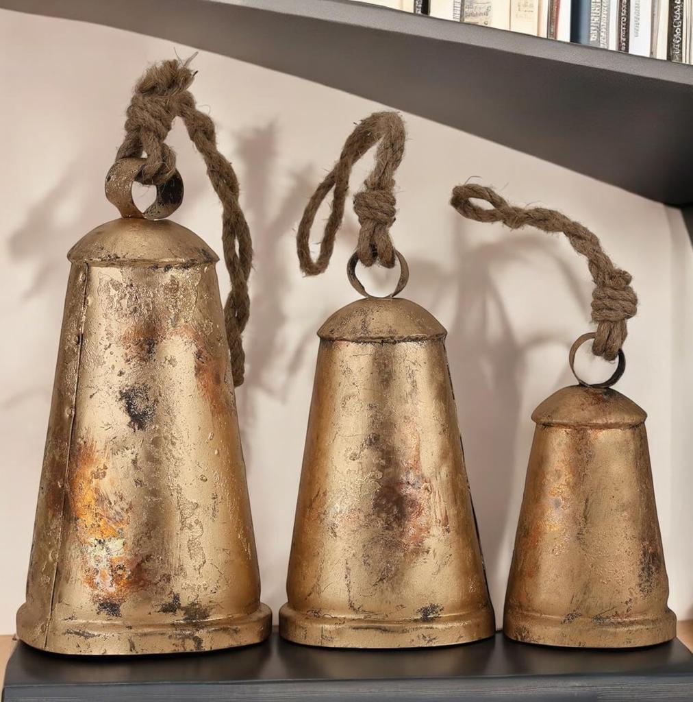 Giant Set of 3 Rustic Iron Hanging Bells, Vintage Witch Bells for Door Protection, Shabby Chic Farmhouse Wall Decor and Christmas Wind Chimes