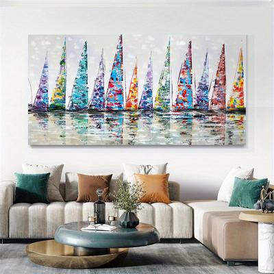 Pictură în ulei abstractă, colorată, cu barca cu pânză, afiș de pictură pe pânză și artă de perete imprimată pentru camera de zi
