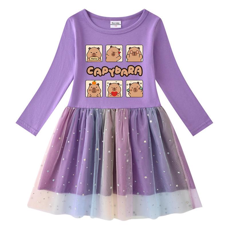 Korean Style Girls' Dress - Stars & Rainbow Sequin Mesh, Short & Long Sleeve Options, Perfect for Spring, Summer, and Autumn
