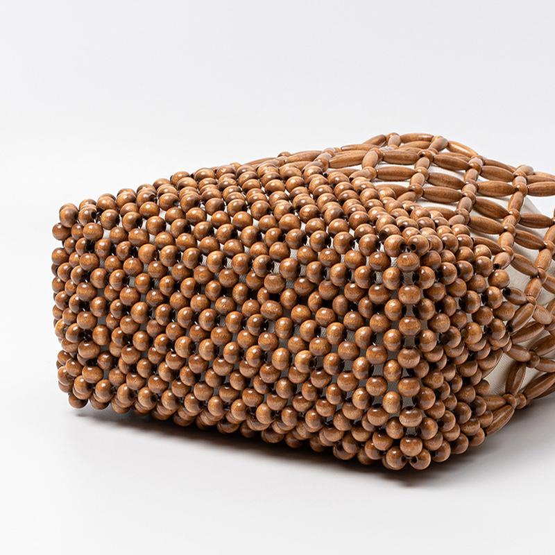 European American Style Handmade Woven Hollow Out Beaded Bag, Women Wooden Bead Tote Bag, Beach Vacation Crossbody Shoulder Bag