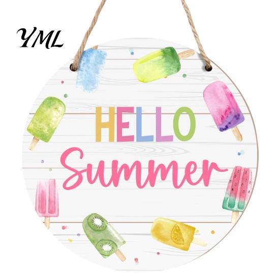Tropical Wall Decor Hello Summer Door Sign, Ice Pop Flip Flop Welcome Hanger, Outdoor Patio Farmhouse Hanging Wooden Wreath for Front Home Porch