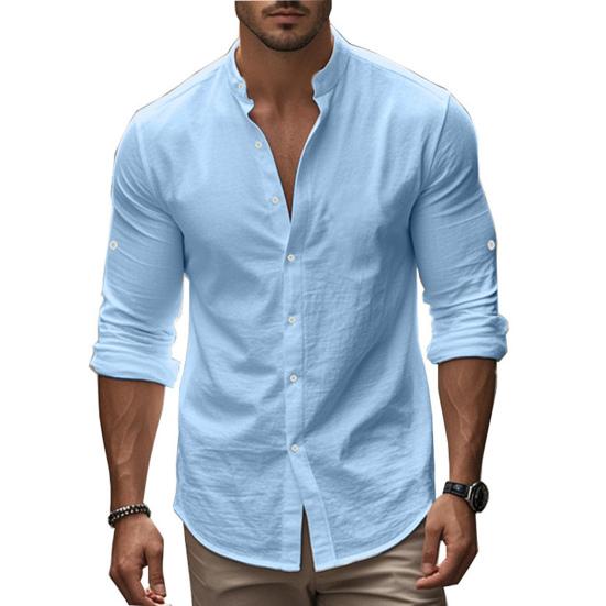 Men Cotton Linen Shirt Long Sleeve Button Down Shirt Band Collar Casual Summer Shirt