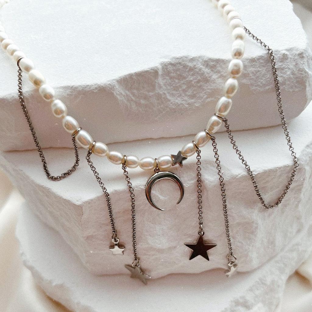 Perlen-Pulloverkette, europäischer und amerikanischer Design-Tassel-Halskette, weiblicher Stern Mond Licht Luxus Choker Halskette