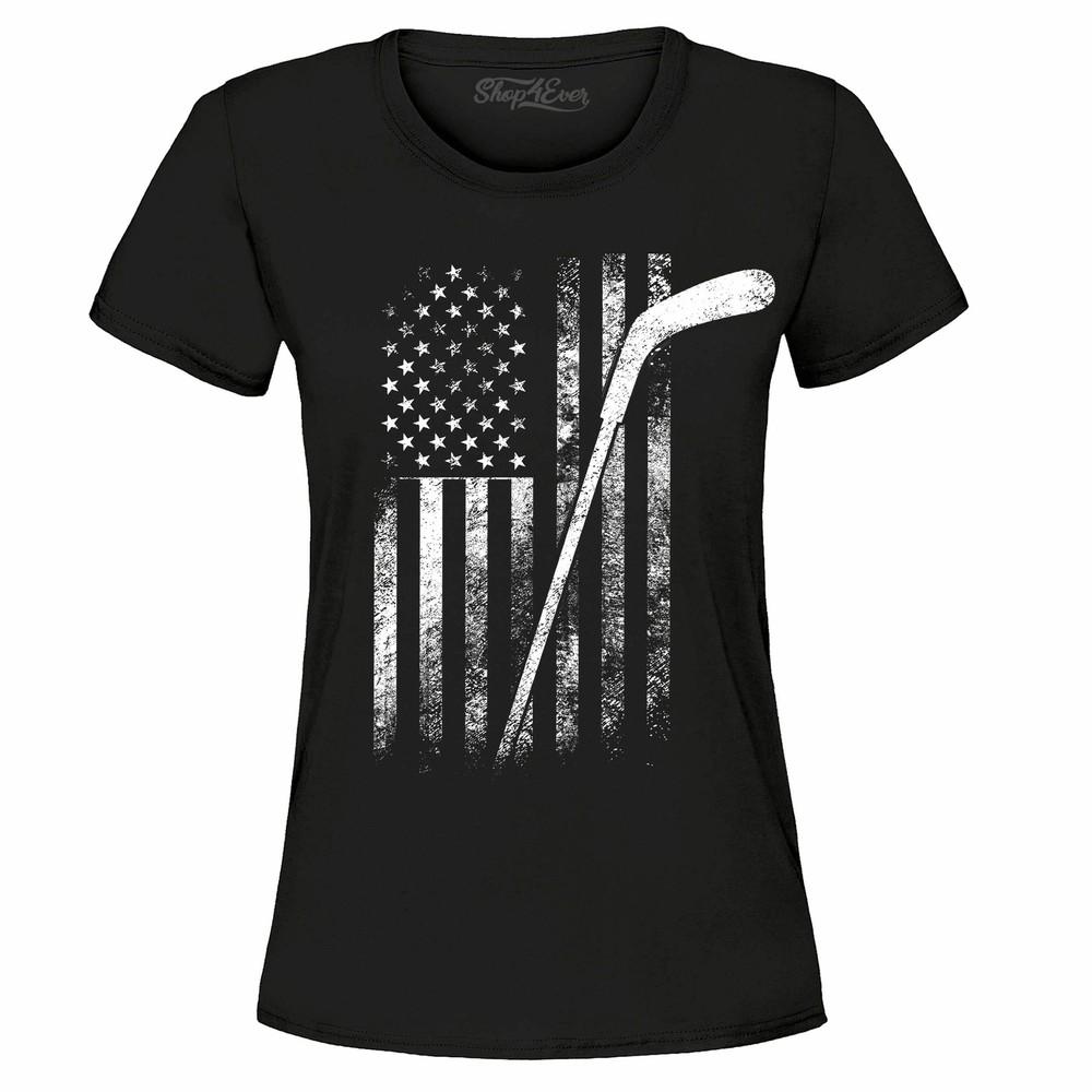 Distressed Hockey American Flag Patriotic Women's T-Shirt Hockey Shirts