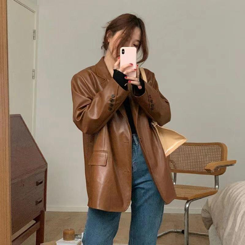 Women's Loose PU Jacket with Vintage Style and Large Cut In Black and Brown