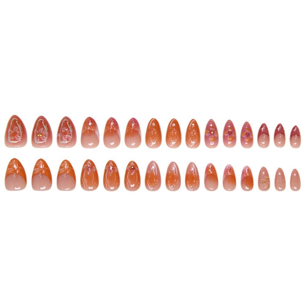 30 Pcs Orange Press on Nails Short Almond, YIHONGYAN Spring Reusable Fake Nails with 3D Flowers Gilded Design Acrylic Nail Kit Glue on Nails Full