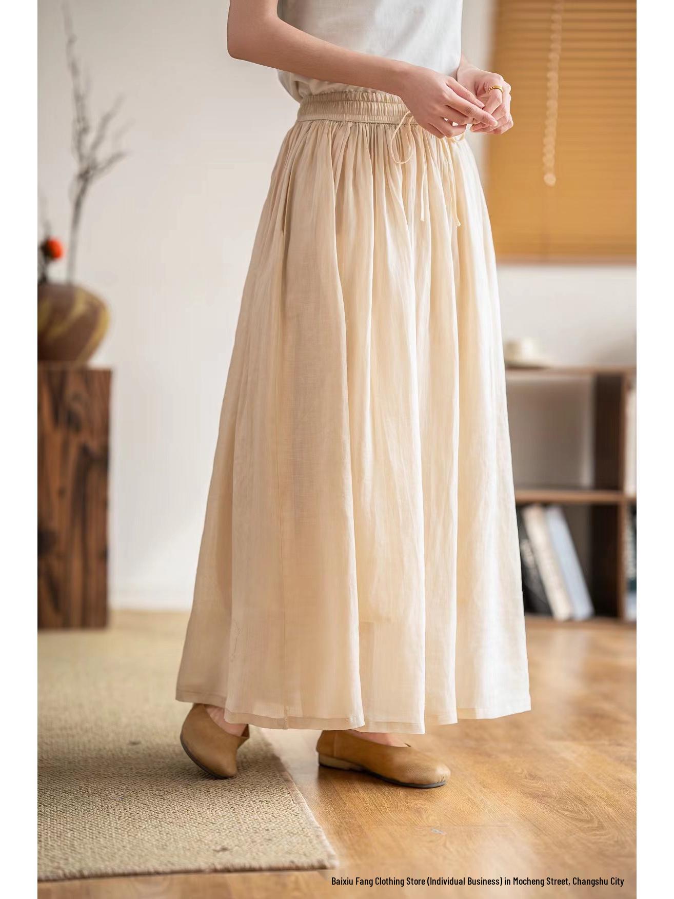 2026 Spring/Summer Women s Artistic Ramie A-Line Skirt - Elastic Waist, Drawstring, Solid Color, Flowy & Airy Design One Size