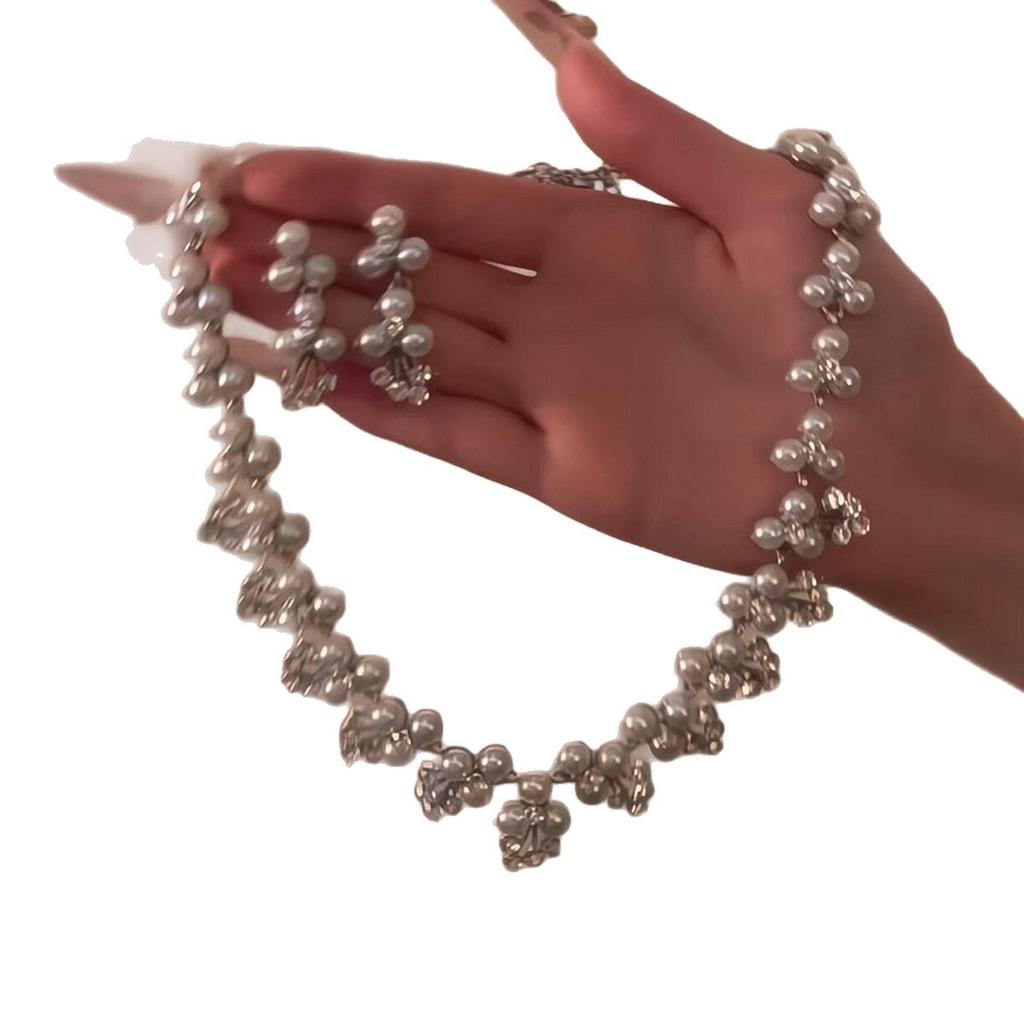 Elegant Diamond Flower Pearl Stud Earrings & Necklace Set