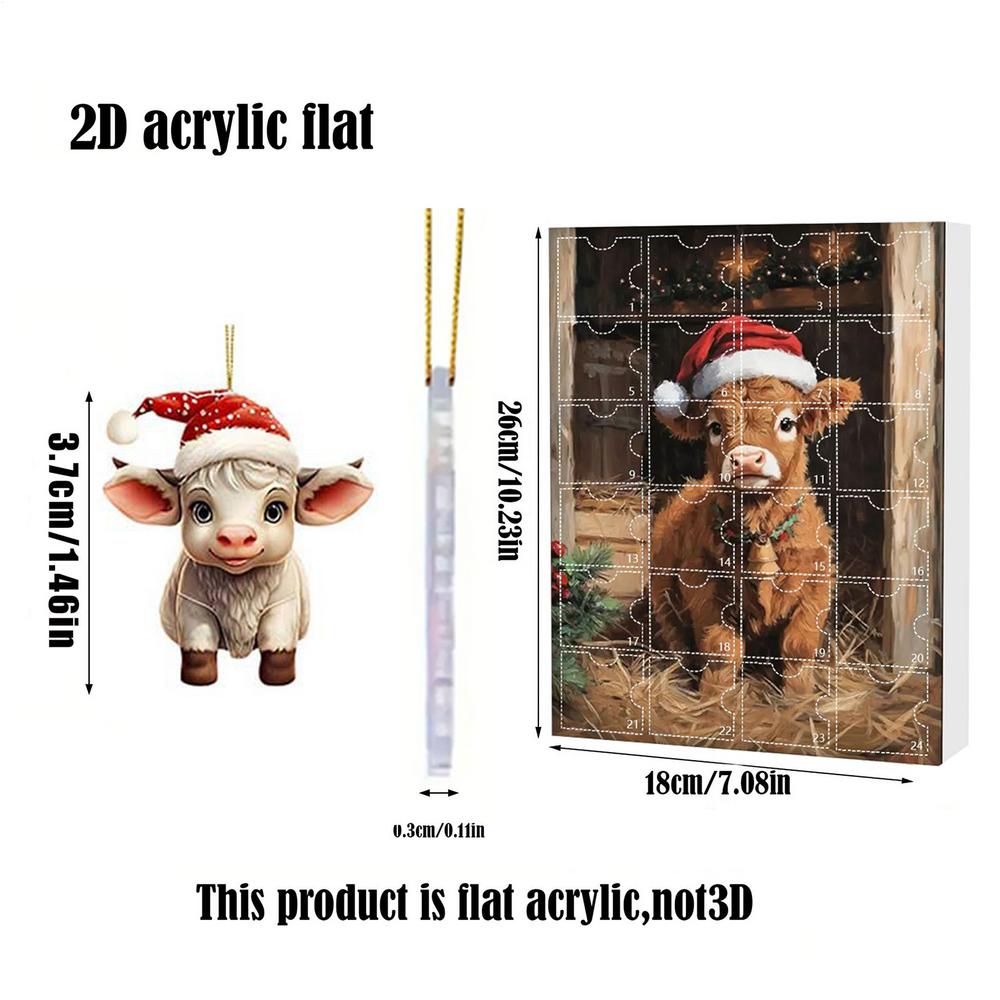 Christmas Highland Cow Advent Calendar 24pcs 2D flat Xmas Tree Interesting Highland Cow Hanging Ornaments Kids Xmas Gifts