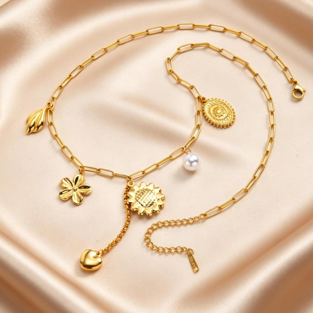 Trendy Stainless Steel Conch Sun Flower Pendant Necklace Heart Tassel Charm Necklace for Women Luxury Non Fading Jewelry Gifts
