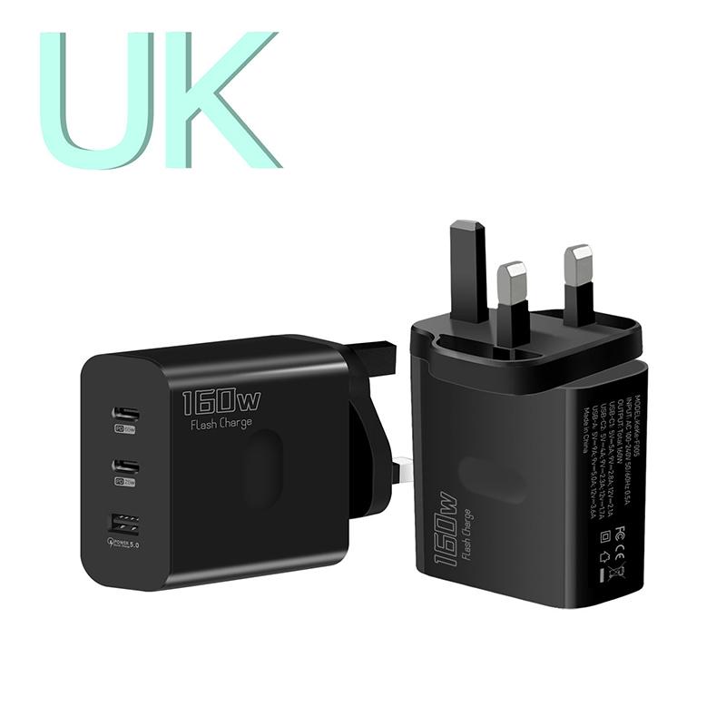 

160 Вт Usb Type-C телефон Gan зарядное устройство Usb-C Pd быстрая зарядка адаптер питания для iPhone для Samsung Huawei Xiaomi Realme для планшета Black UK-Plug