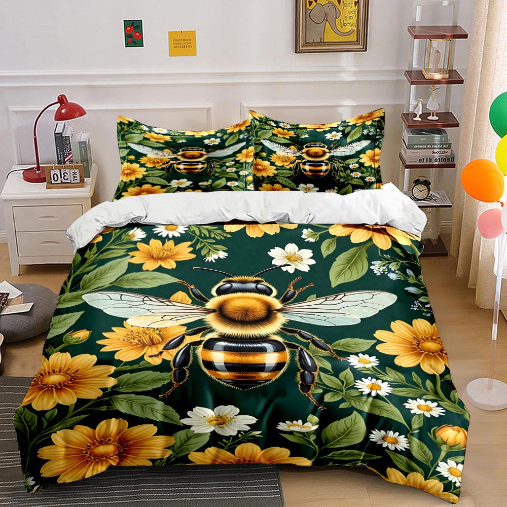 Bee and Yellow Flower Pattern Bedding Duvet Cover Set (1*Duvet Cover 2*Pillowcases, without duvet insert)
