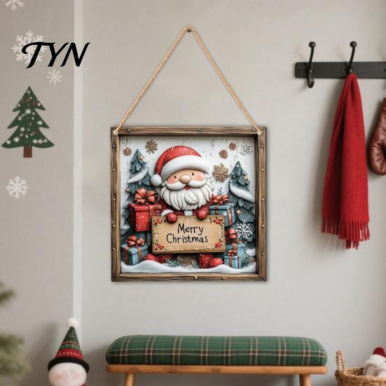 Xmas Door Hanger Christmas Wooden Hanging Sign, Gnome Snowman Angel Candle 2D Wood Plaque, Indoor Holiday Party Decor Vintage Wall for Home