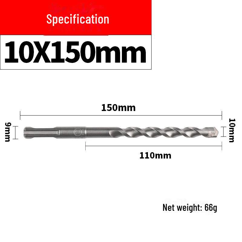 Impact Hammer Drill Bit for Drilling Through Concrete and Cement Walls with Round and Square Handles, Two Pits, and Two Grooves.