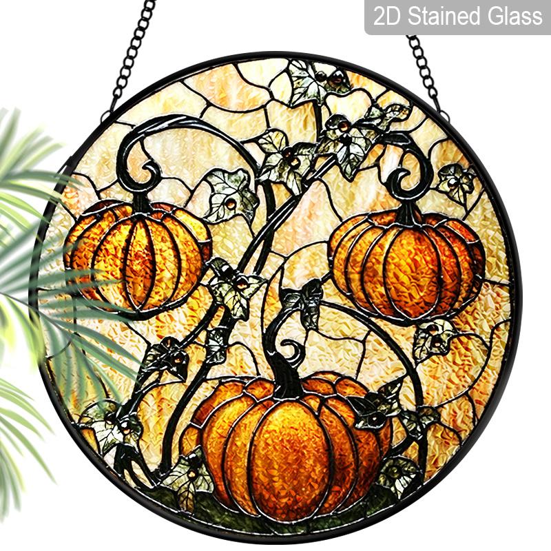 2D Vlak Glas-in-lood Herfst Pompoen Raamdecoratie, 6,3/7,87 Inch Kleurrijk Glasplaat met Ketting, Charmante Herfst Zonenvanger Huisdecoratie, Uniek