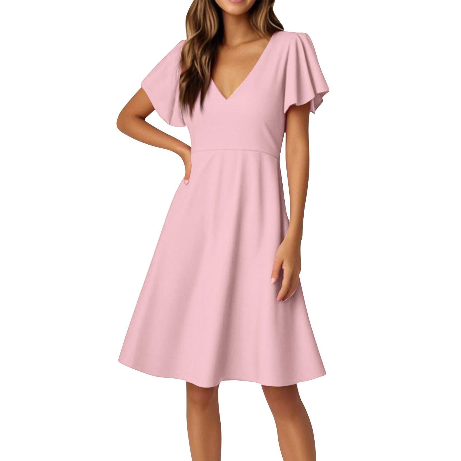 

Женские платья с расклешенным рукавом, коротким рукавом, повседневные однотонные платья с V-образным вырезом M розовый