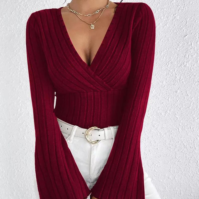 Women's Elegant Knitted Ribbed V-Neck Bell Sleeve Design T-Shirt Top