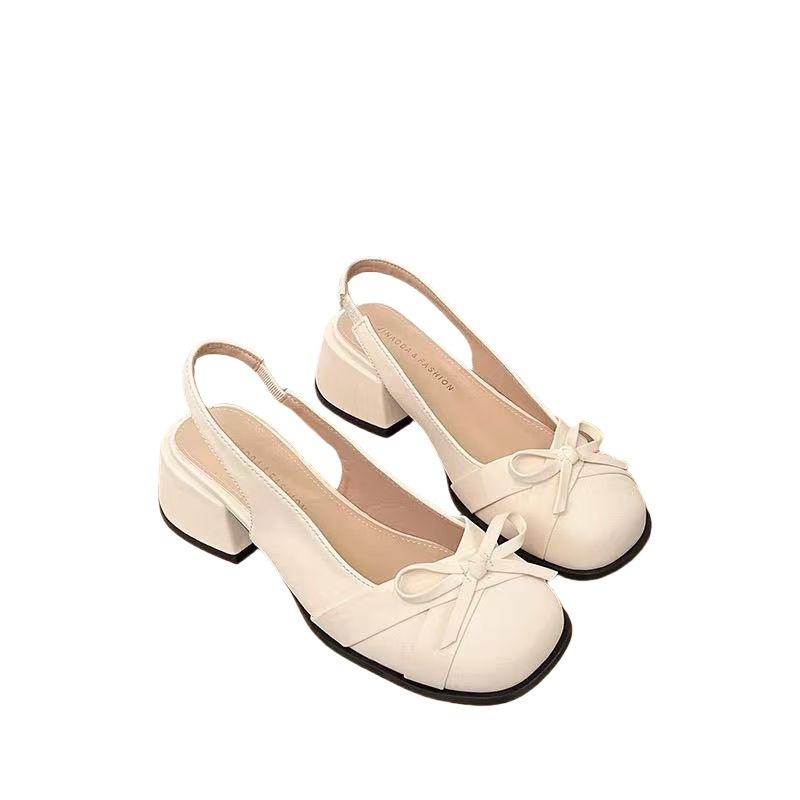 French Bow Thick Heel Bag Head Sandals Women's Summer 2025 New with Skirt Temperament Medium Heel High Heel Single Shoes