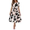 Women's Summer Floral Print Short Sleeves Neck Waistband Bohemian Flowy Maxi Dress With Pockets