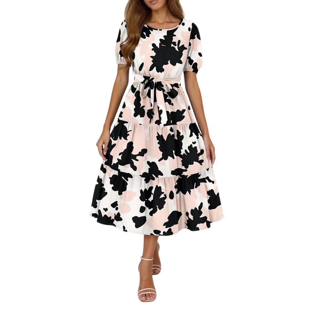 Women's Summer Floral Print Short Sleeves Neck Waistband Bohemian Flowy Maxi Dress With Pockets